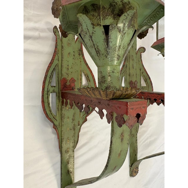 Mid 20th Century Vintage Italian Venetian Style Painted Tole Wall Sconce Candle Lanterns- A Pair For Sale - Image 5 of 18