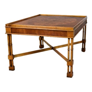 Mid-Late 20th Century Baker Furniture Campaign Style Rectangular End Table Walnut & Mahogany Faux Bamboo Legs For Sale