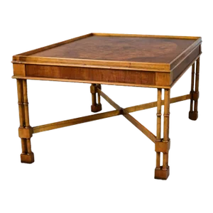 Mid-Late 20th Century Baker Furniture Campaign Style Rectangular End Table Walnut & Mahogany Faux Bamboo Legs