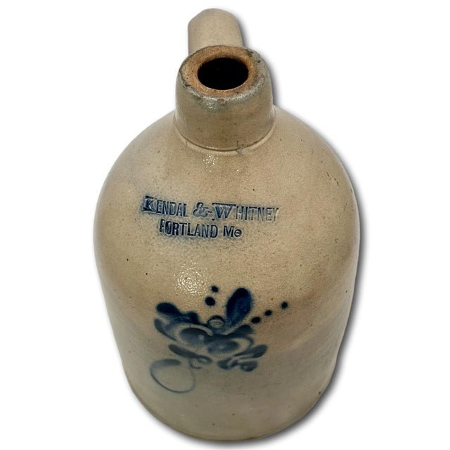 Blue Scarce Antique American Blue Decorated Stoneware 1 Gallon Jug From Historic Portland Maine Merchant Kendal & Whitney For Sale - Image 8 of 18