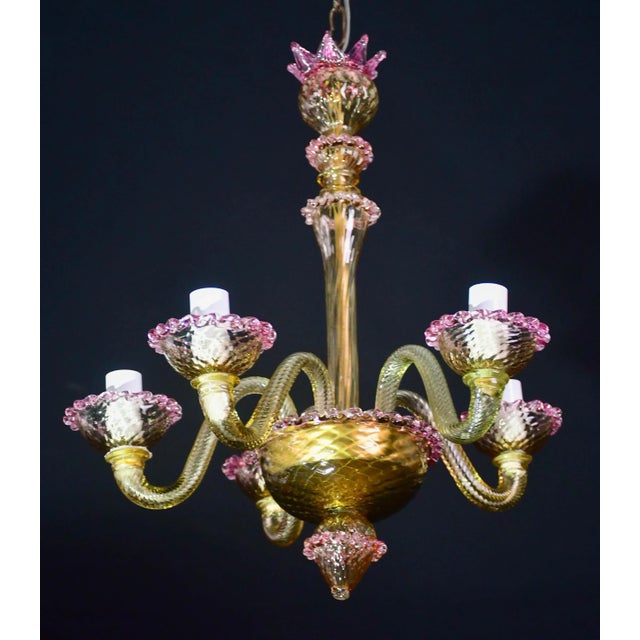 Pink Pretty Venetian Chandelier, Pink and Gold Glass, 1950s For Sale - Image 8 of 15