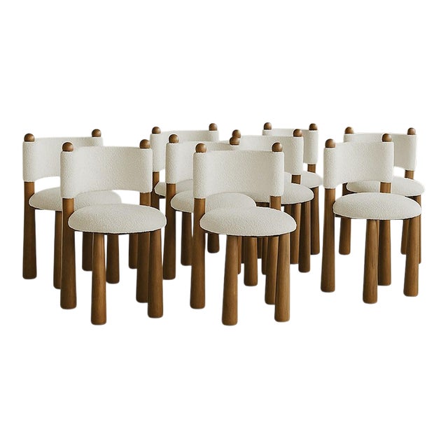 New Set of 8 Contemporary Wood Dining Chairs With Cone Legs in White Boucle For Sale