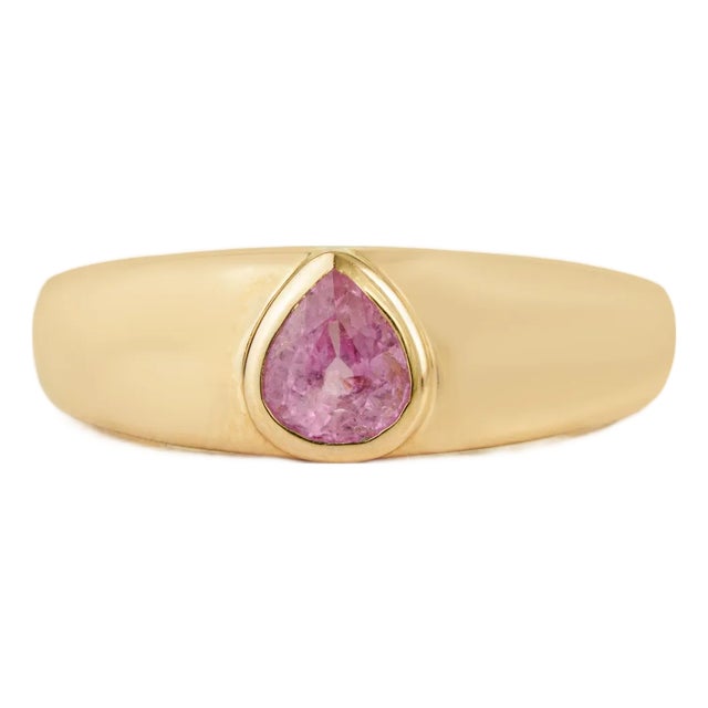 Contemporary Pear Pink Sapphire Bezel Set Signet Ring Size 6.5 in 14k Gold For Sale