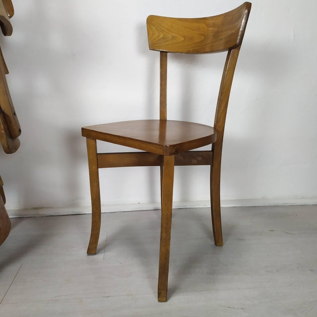 Large batch of 1950s bistro chairs in beech wood. Stable and solid with patina wear marks, a few old moth holes treated...