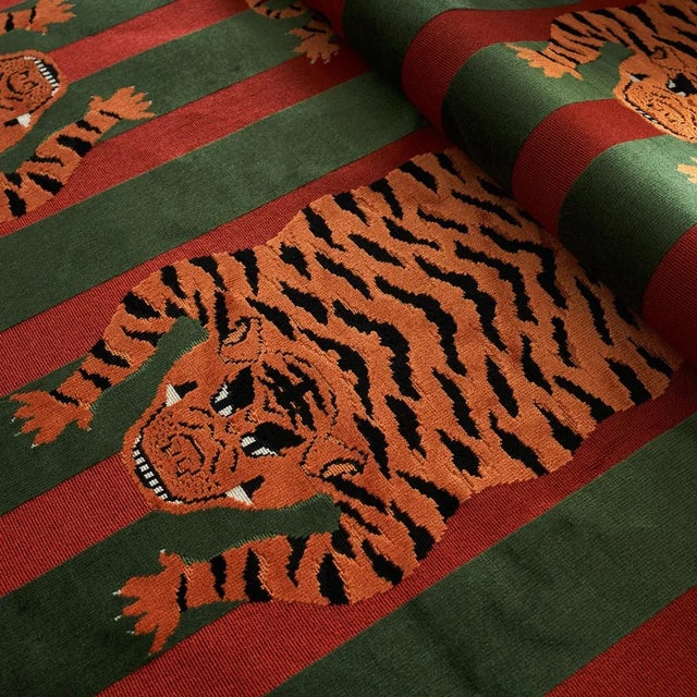 Schumacher Schumacher x Johnson Hartig Jokhang Tiger Velvet Fabric in Red & Green For Sale - Image 4 of 4