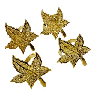 1980s Vintage Boho Chic Adirondack Arts & Crafts Rustic Brass Maple Leaf Napkin Rings - Set of 4 For Sale
