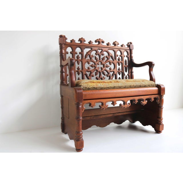 This rare and charming petite antique French Gothic Revival bench from the 1880s is a versatile piece, perfect for a...