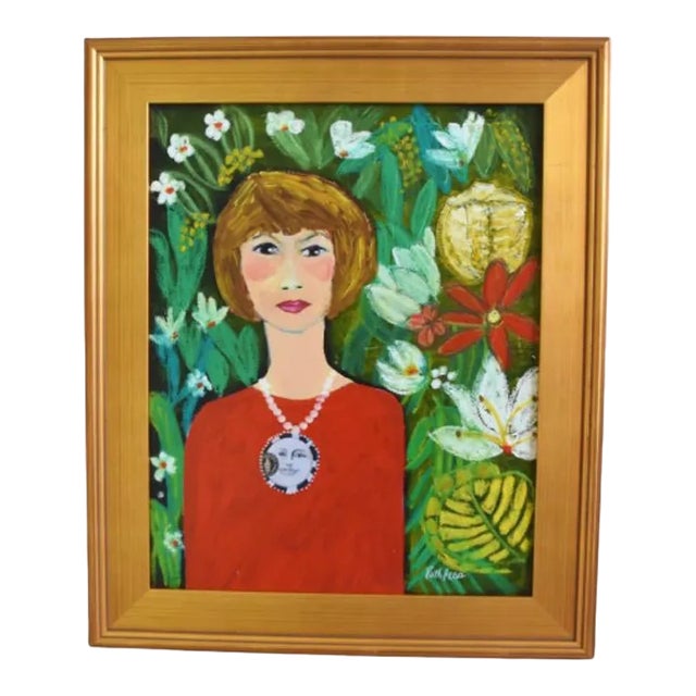French Mademoiselle Floral Portrait Oil Painting W/ Antiqued Gold Wood Frame For Sale