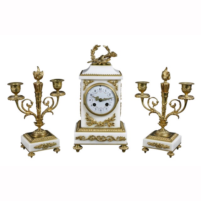 Louis XVI Style Marble and Bronze Clock Garniture - 3 Piece Set For Sale - Image 12 of 12
