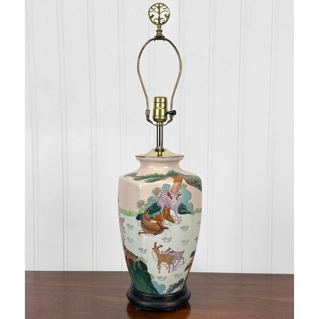 - Vintage 1970's Chinoiserie Table Lamp - White Porcelain Body with Heavily Decorated Hand Painted Deer Motif - Wonderful...