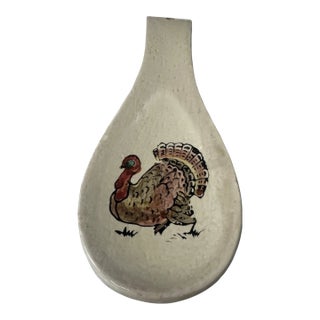 Vintage Hand Painted Turkey Spoon Rest Ceramic Farmhouse Kitchen Thanksgiving For Sale