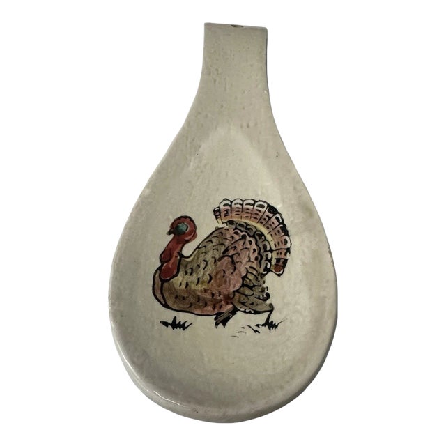 Vintage Hand Painted Turkey Spoon Rest Ceramic Farmhouse Kitchen Thanksgiving For Sale