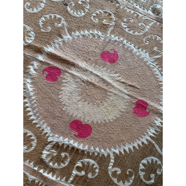 Mid-Century Modern Suzani Tribal Textile — Neutral Tan Uzbek Tablecloth For Sale - Image 3 of 8