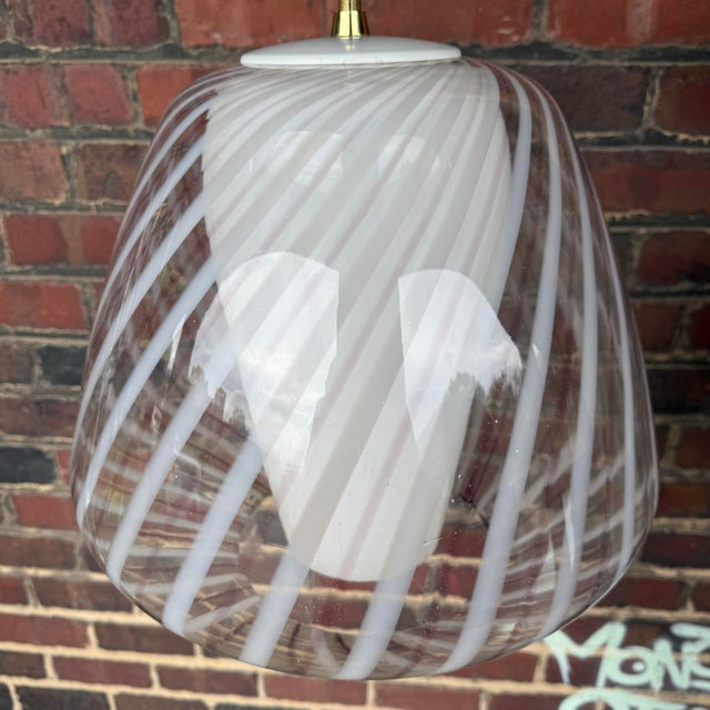 Mid-Century Modern Glass Pendant Chandelier, With Hand-Blown Glass Shade Over White Glass Cone, Murano Italy 1950's by Lightolier For Sale - Image 3 of 9