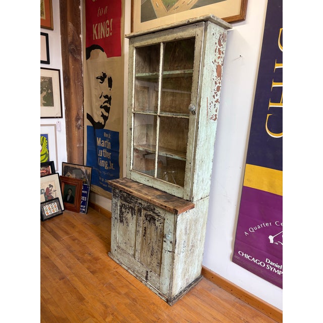 Antique Primitive Farmhouse Mint Green Cupboard For Sale - Image 4 of 12