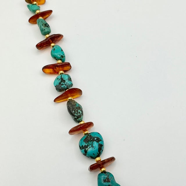 Amber 1980s Vintage Boho Chic Baltic Amber & Faux Turquoise Nugget Beaded Necklace - 26” For Sale - Image 8 of 11