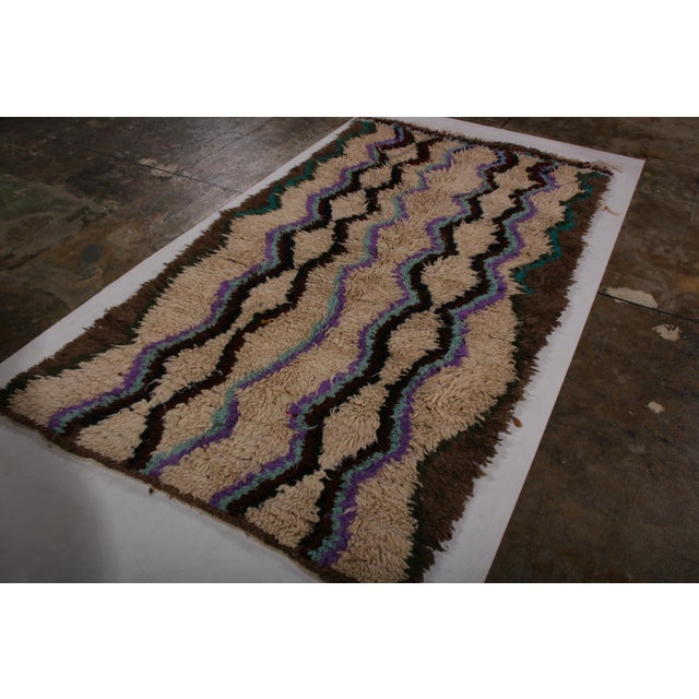 Tribal Vintage Moroccan Tribal Geometric Beige Brown and Blue Wool High Pile Rug For Sale - Image 3 of 7