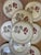 Lovely set of 9 vintage dinner plates, made in Japan by Noritake. Presented on a crisp white with a gold rim, a geranium...