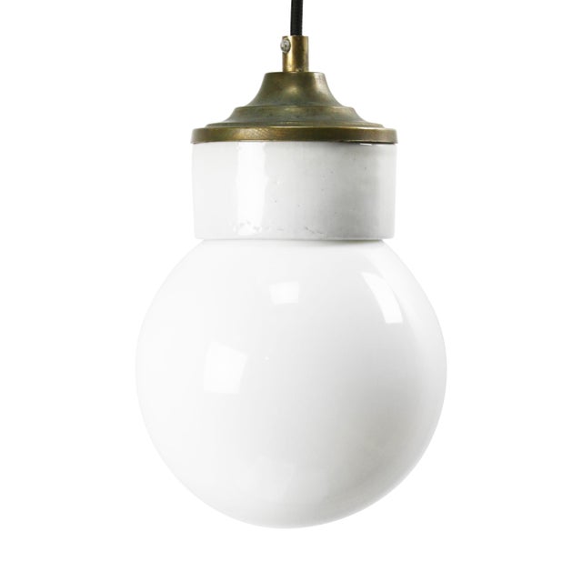Vintage Industrial Porcelain, Brass, and Opaline Glass Pendant Light For Sale