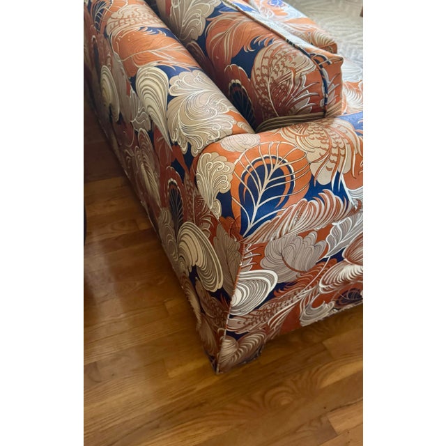 Textile Late 20th Century Custom Three-Seat Sofa in Terracotta and Indigo Art Deco Revival Pattern For Sale - Image 7 of 12