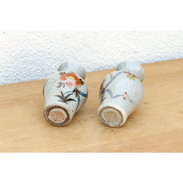 Pair of Miniature Floral Avian Crackle Glaze Jars For Sale - Image 4 of 8
