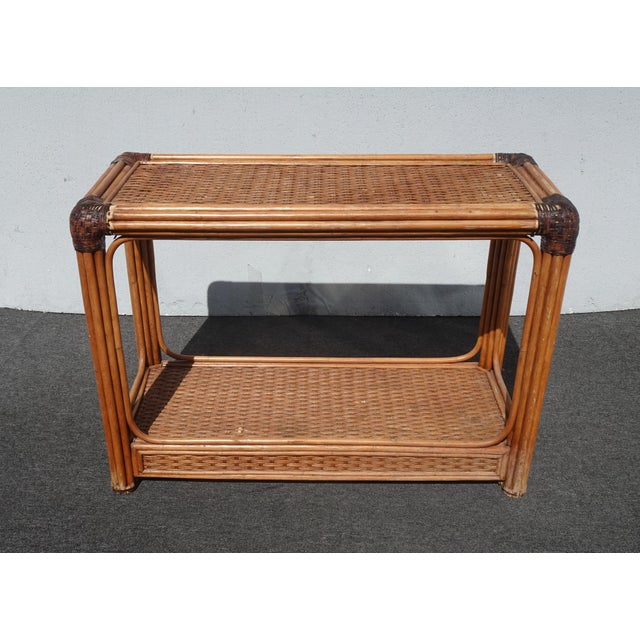 Rustic Vintage Rustic Console Sofa Table Tiki Palm Beach Style W Bamboo Rattan Leather For Sale - Image 3 of 11