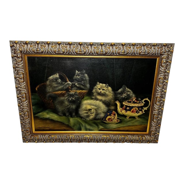 British Persian Cat Oil Painting by Agnes Augusta Talboys Rwa With Decorative Tea Service For Sale