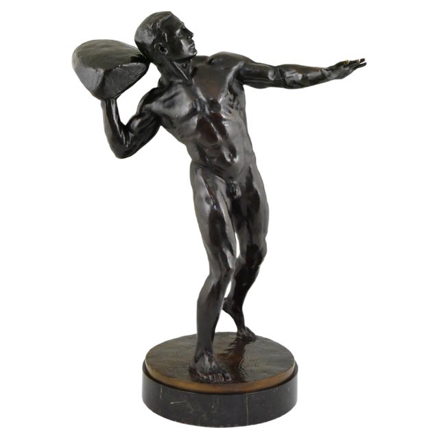 Antique Bronze Sculpture of Male Nude with Stone by Hugo Siegwart For Sale