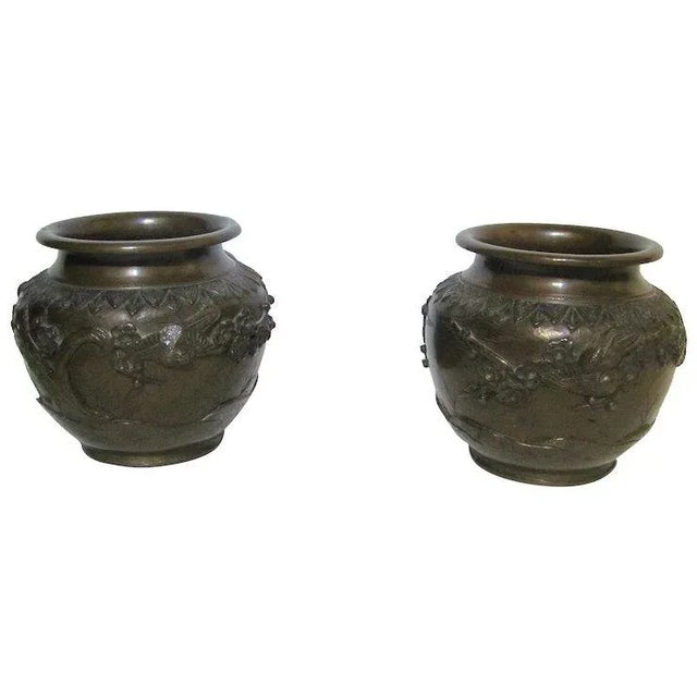 1950s Bronze Cachepots With Flower And Bird Decoration - A Pair For Sale - Image 9 of 9