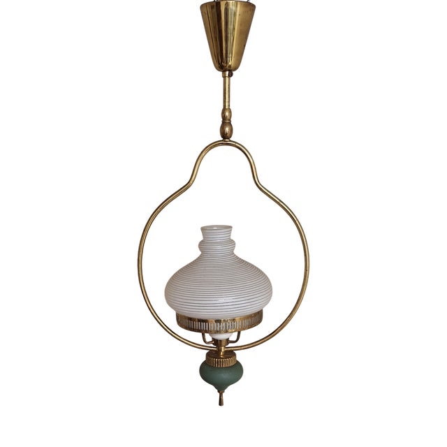 Vintage Hanging Lamp with Brass Frame and White Patterned Glass Shade, 1960s For Sale