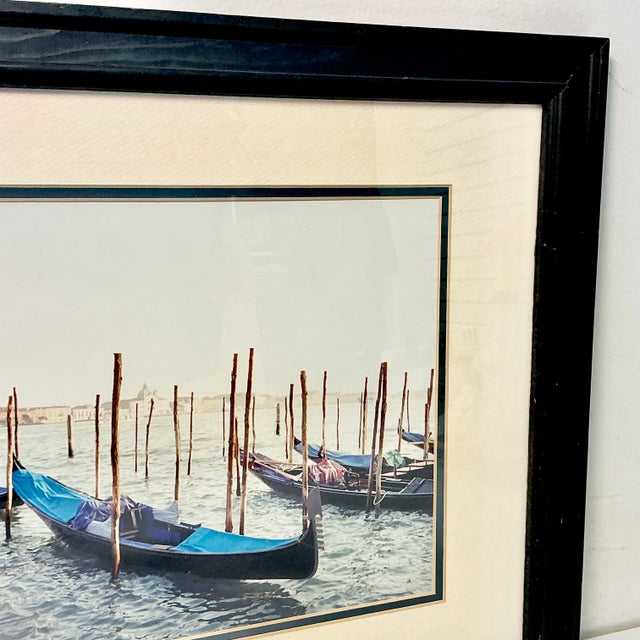 Blue 1980s Vintage Italian Coastal Venus Blue Gondola at Dock Framed Photography. For Sale - Image 8 of 13