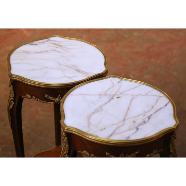 Pair of Mid-Century French Louis XV Marble Top Mahogany and Ormolu Side Tables For Sale - Image 4 of 13