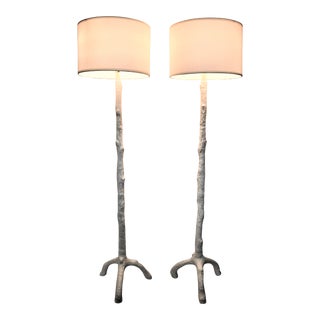 Restored White Faux Bois Floor Lamps Inspired by Serge Roche - a Pair- With Shades For Sale