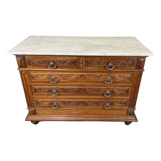 Antique French Style Carved Oak Chest of Drawers with Marble Top For Sale