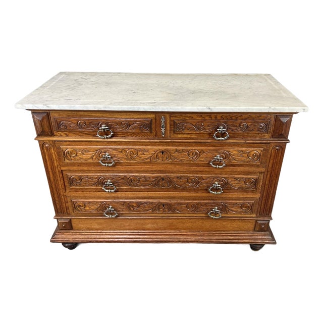 Antique French Style Carved Oak Chest of Drawers with Marble Top For Sale
