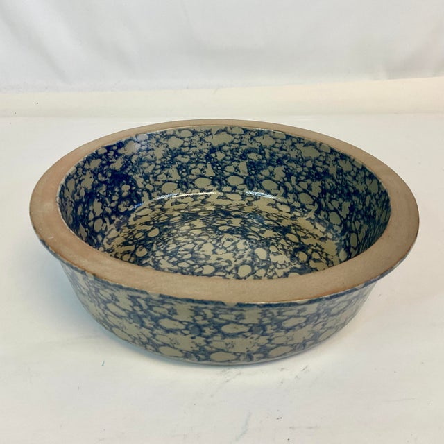 1996 Vintage Americana Folk Art Blue Sponge Wear Bowl, Artist Signed. For Sale - Image 11 of 12