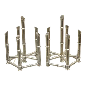 Mid 20th Century Hollywood Regency Silver Plated Chrome Faux Bamboo Candlestick Stands - a Pair