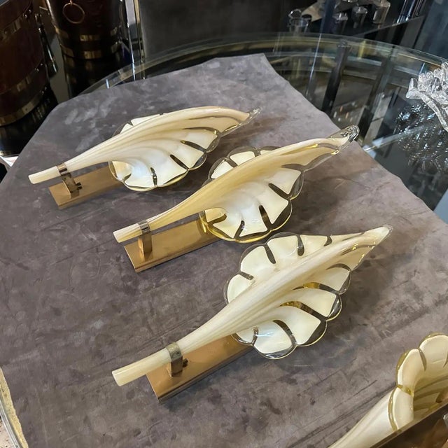 Two 1970s Mid-Century Modern Yellow Murano Glass Leaf Wall Sconce by Franco Luce For Sale - Image 9 of 12