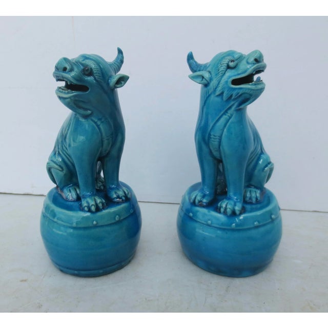 Mid-20th century turquoise glazed pair of Kylin figures. Seated on drum bases with mouth open and mirrored poses. Rich...