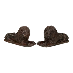 1830 Large Salt Glazed Portuguese Stoneware Recumbent Lions - Set of 2