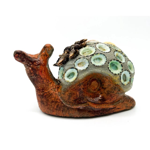 Vintage Folk Art Cement Snail Figurine With Seashell Floral Shell – Coastal Paperweight Decor For Sale - Image 4 of 11