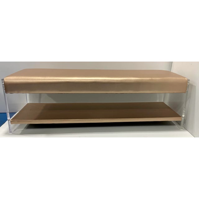 Stylish Modern Rose Gold Leather and Acrylic Bench, showroom floor Sample, not brand new from a box but never used and in...