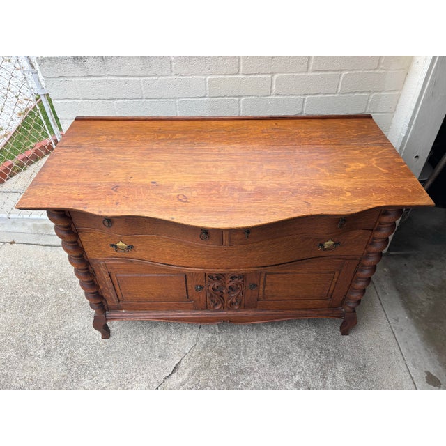 Wood Antique Tiger Oak Buffet / Sideboard, Featuring Barley Twist Columns and Serpentine Front For Sale - Image 7 of 10