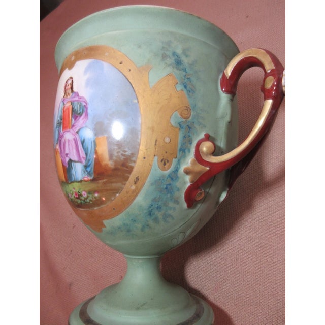 Antique 1800's Hand Painted Figural Porcelain Compote Ewer Vase Trophy Urn For Sale - Image 9 of 12