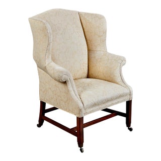 George III Wing Back Chair, Late 18th Century, Yellow Damask, England For Sale
