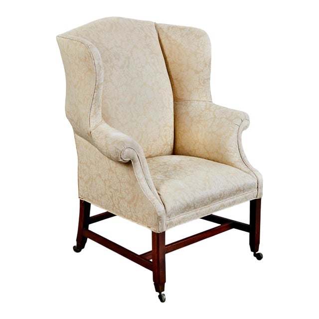George III Wing Back Chair, Late 18th Century, Yellow Damask, England For Sale