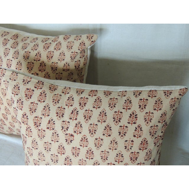 Vintage Orange Hand-Blocked Indian Print Decorative Square Pillows - Set of 2 For Sale - Image 4 of 6