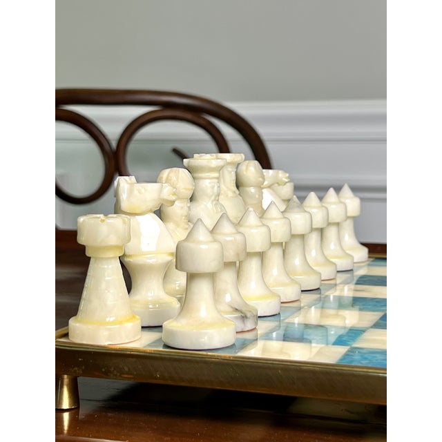 Chinese Stone Chess Set on Brass Framed and Footed Board in Blue and White, 1960s For Sale - Image 4 of 15