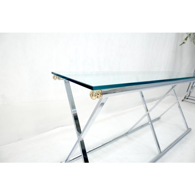 Chrome X Base Glass Top 67" Long Console Sofa Table Mid Century Modern c1970s