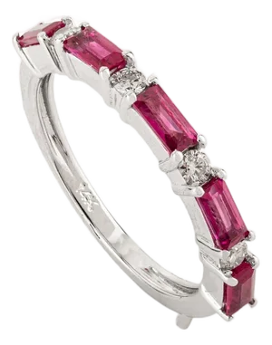 14k White Gold Minimal Baguette Ruby & Diamond Stackable Half Eternity Ring in Size 5.5